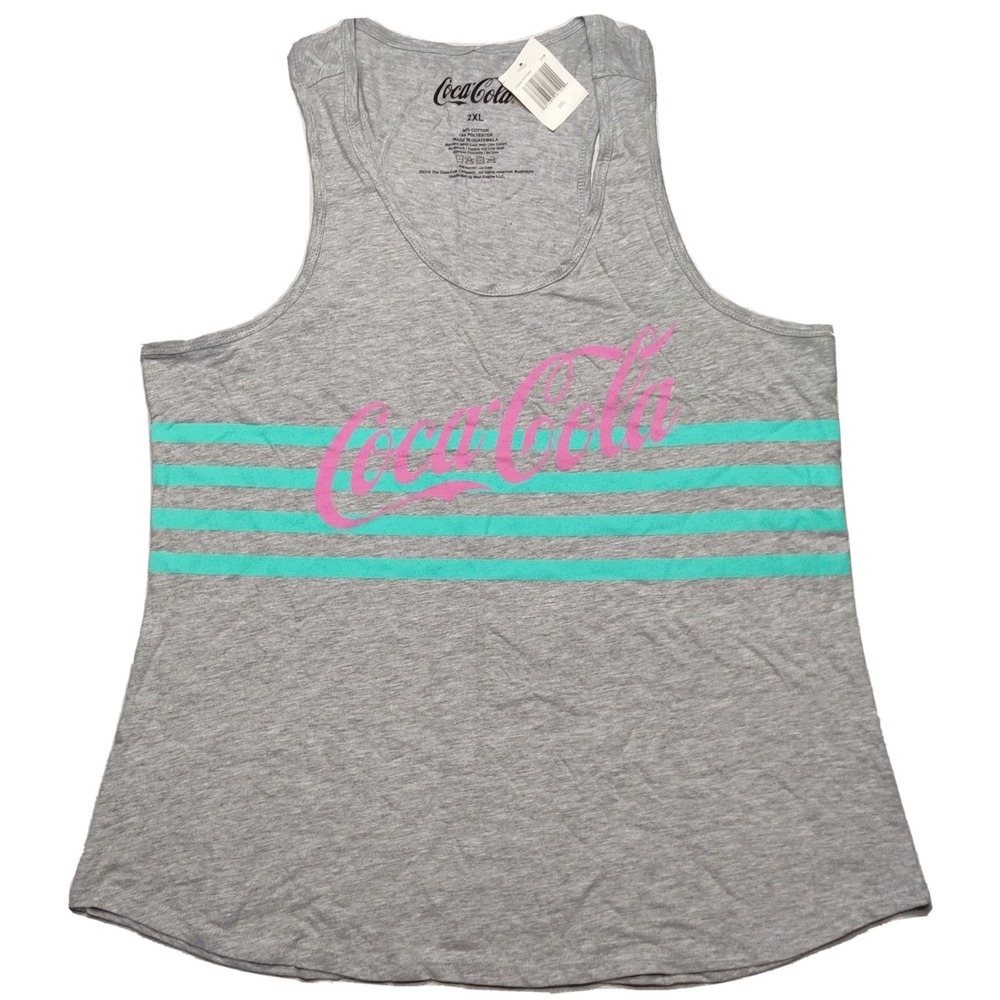 COCA-COLA Women Size 2XL Heather Gray + Pink Logo + Green‎ Stripes Tank Top NEW